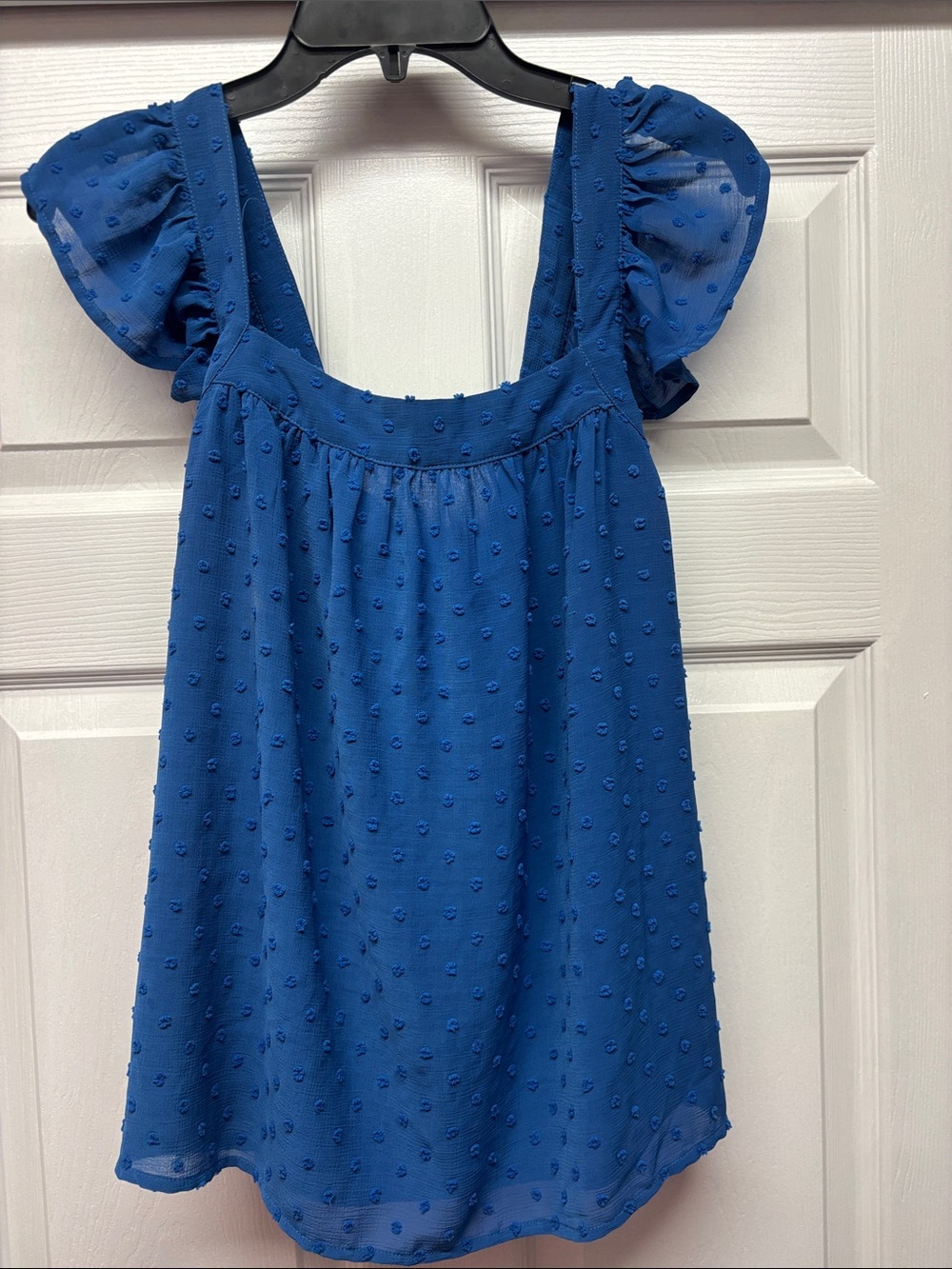 Kori Blue Swiss Dot Flutter Straps that cross in the back Top Small